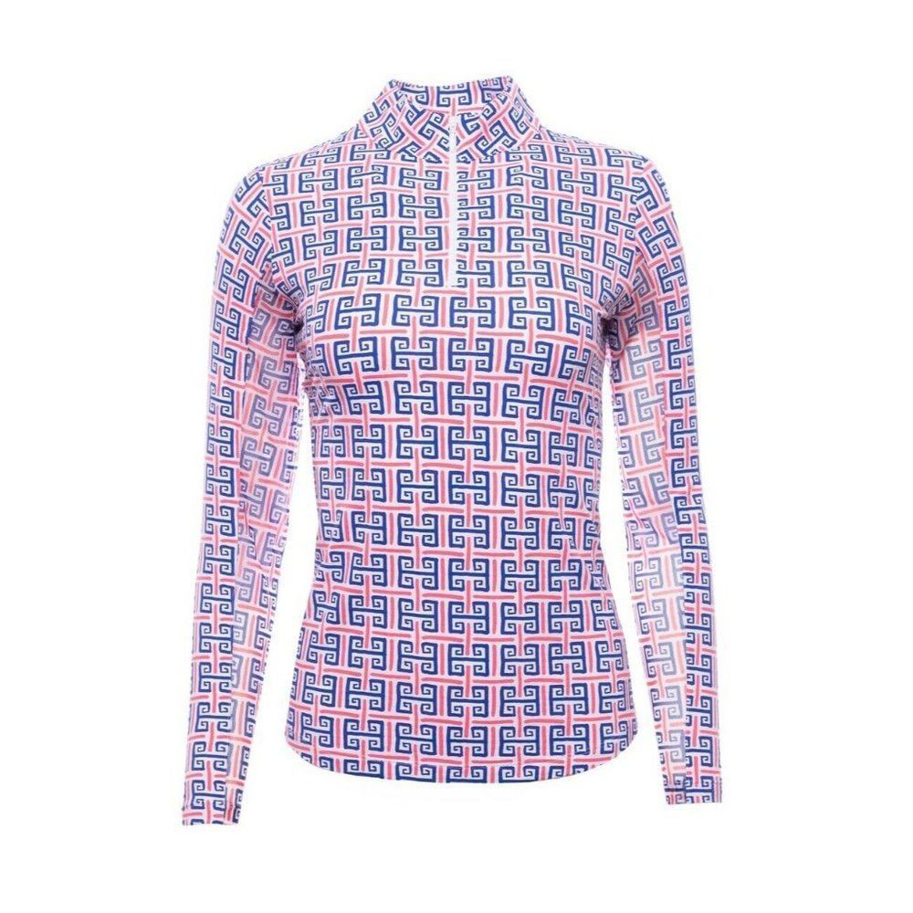 IBKUL Mock Neck Top Geo Key Navy Red Long Sleeve Golf Shirt